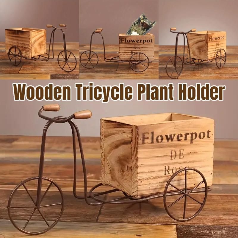 Retro Iron Bicycle Ornament with Wooden Flower Pot Green Plant Holder Decor