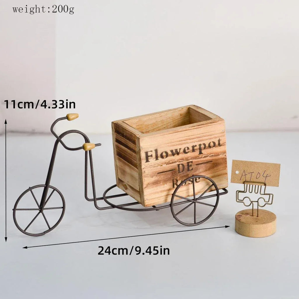 Retro Iron Bicycle Ornament with Wooden Flower Pot Green Plant Holder Decor