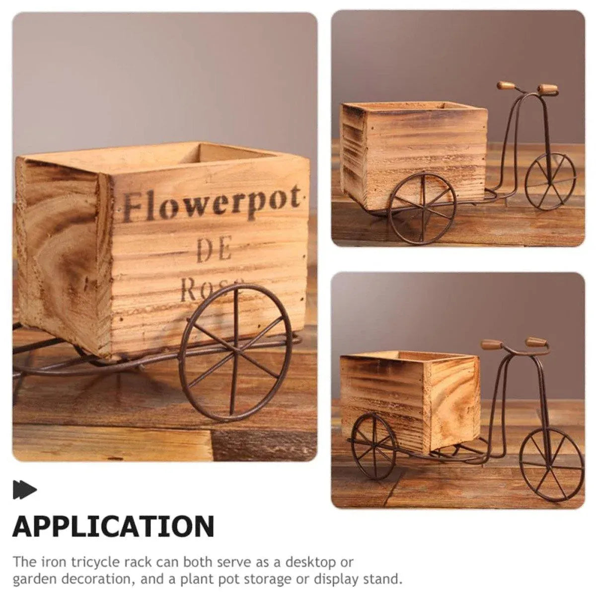 Retro Iron Bicycle Ornament with Wooden Flower Pot Green Plant Holder Decor