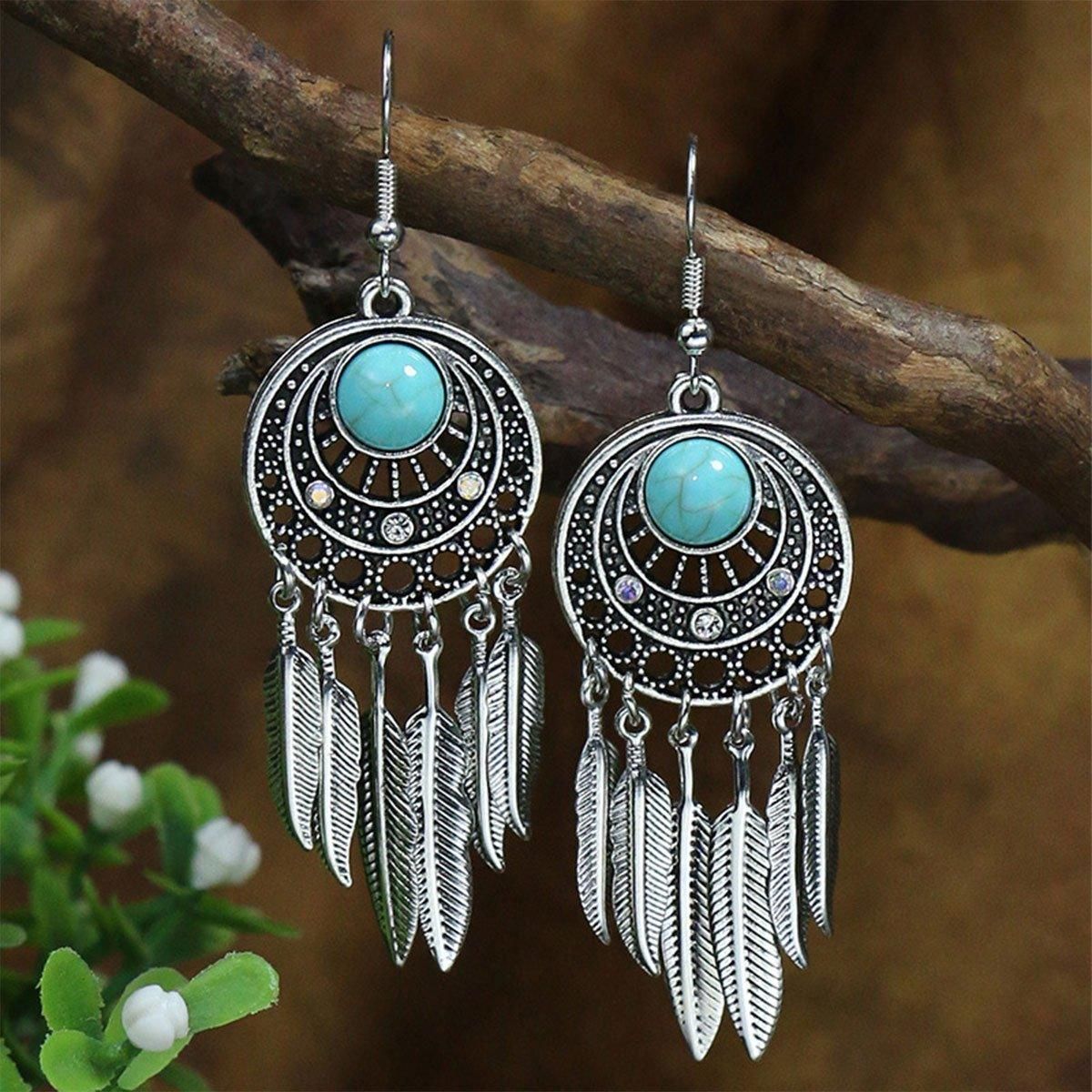 Bohemian Dreamcatcher Tassel Earrings Handmade Fashion Jewellery for Women Gifts - Silver