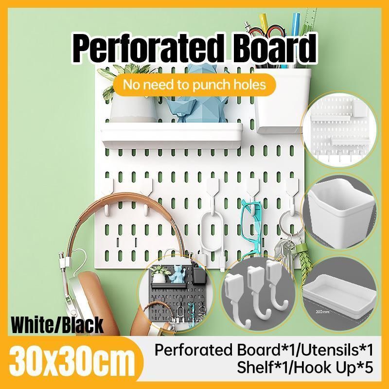 Wall Mounted Pegboard Storage Rack No Drill Organizer Tool Shelf Home Office - Black