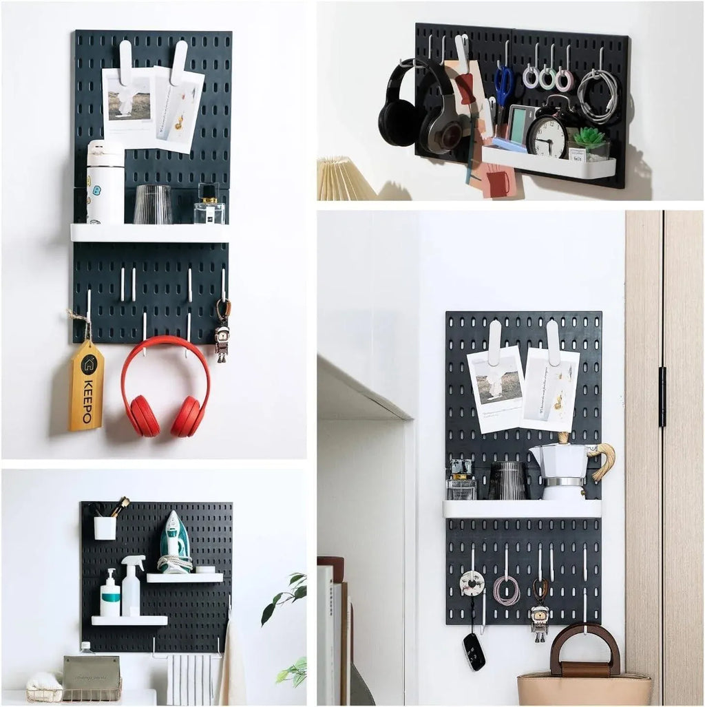 Wall Mounted Pegboard Storage Rack No Drill Organizer Tool Shelf Home Office - Black
