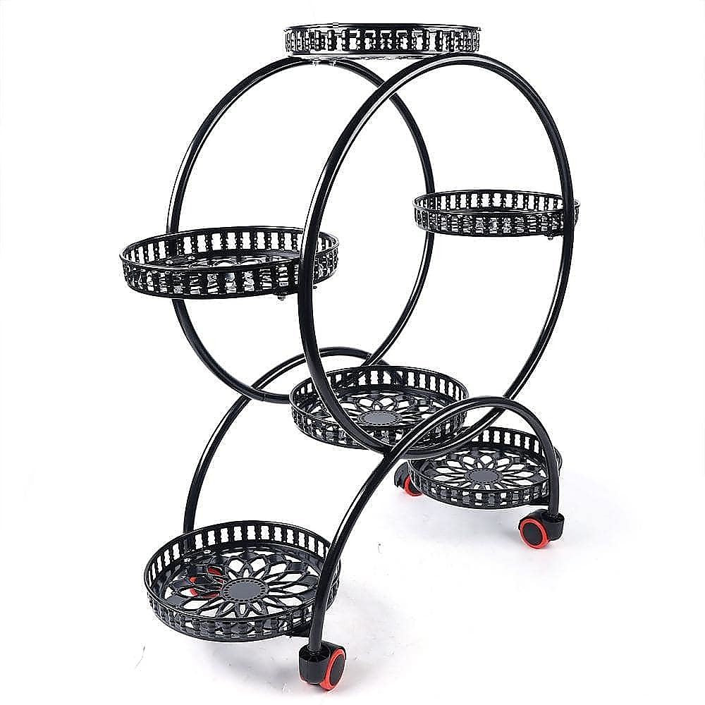 6 Pot Plant Stand with Wheels 4 Tier Rolling Plant Shelf Flower Display Rack Black Main image