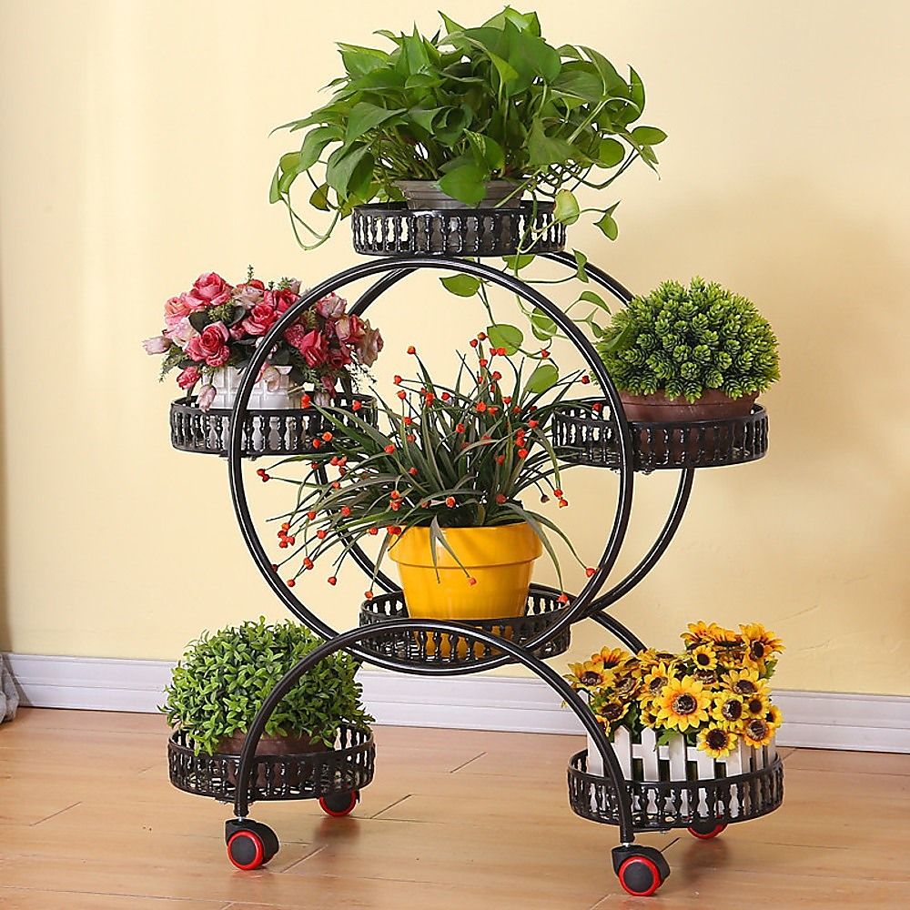 6 Pot Plant Stand with Wheels 4 Tier Rolling Plant Shelf Flower Display Rack Black