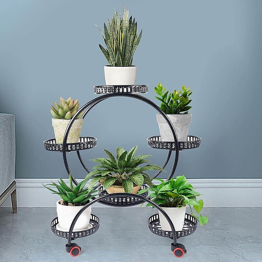 6 Pot Plant Stand with Wheels 4 Tier Rolling Plant Shelf Flower Display Rack Black