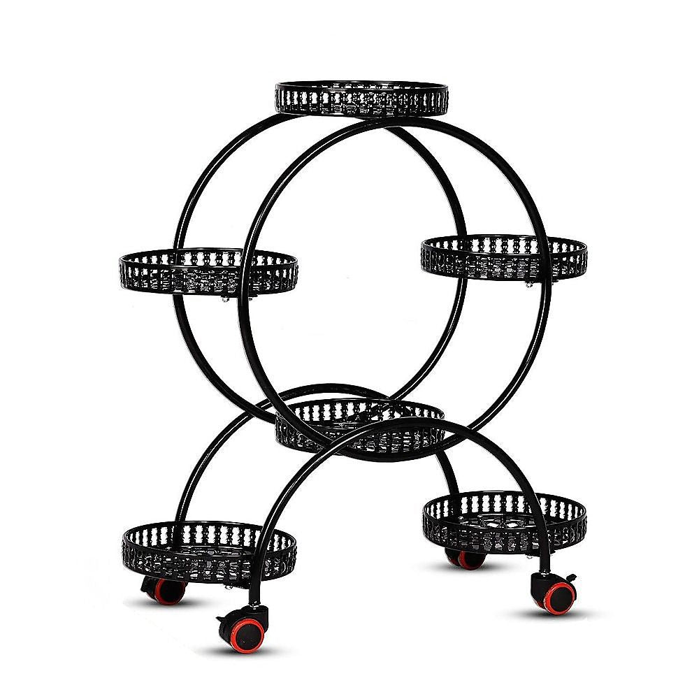 6 Pot Plant Stand with Wheels 4 Tier Rolling Plant Shelf Flower Display Rack Black