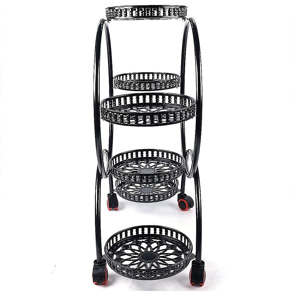 6 Pot Plant Stand with Wheels 4 Tier Rolling Plant Shelf Flower Display Rack Black