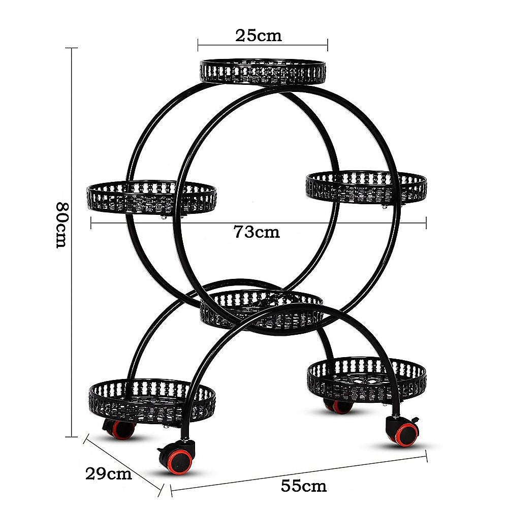 6 Pot Plant Stand with Wheels 4 Tier Rolling Plant Shelf Flower Display Rack Black