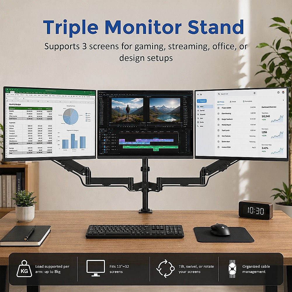 Triple Monitor Mount Stand – Desk Clamp with 3 Adjustable Arms for Multi-Screen Setup