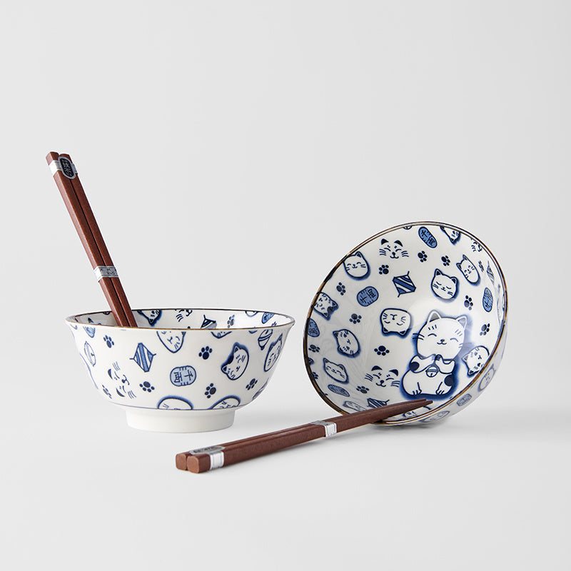 Bowl Set 2pcs with Chopsticks Maneki Cat Blue Design Main image
