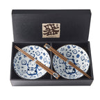 Bowl Set 2pcs with Chopsticks Maneki Cat Blue Design