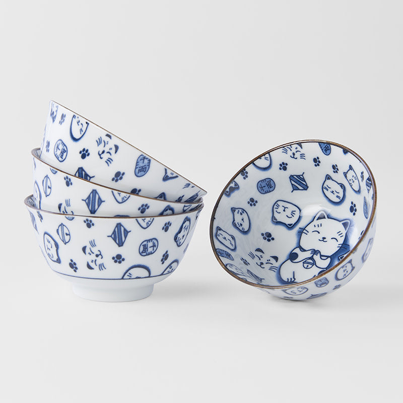 Bowl Set 4pcs Maneki Cat Blue Design Main image