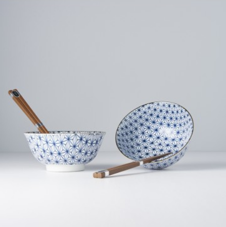 Bowl Set 2pcs with Chopsticks Starburst Blue Design Main image