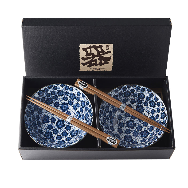 Bowl Set 2pcs with Chopsticks Blue Plum Design Main image