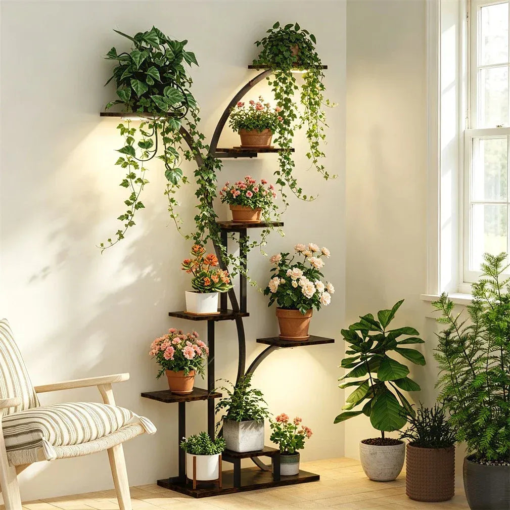 8 Tier Tree-Shaped Plant Stand Indoor Tall Plant Shelf Display Rack with Optional LED Grow Lights Metal MDF Flower Pot Holder Main image
