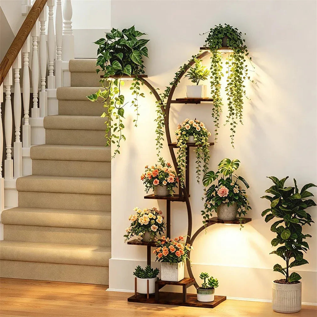 8 Tier Tree-Shaped Plant Stand Indoor Tall Plant Shelf Display Rack with Optional LED Grow Lights Metal MDF Flower Pot Holder