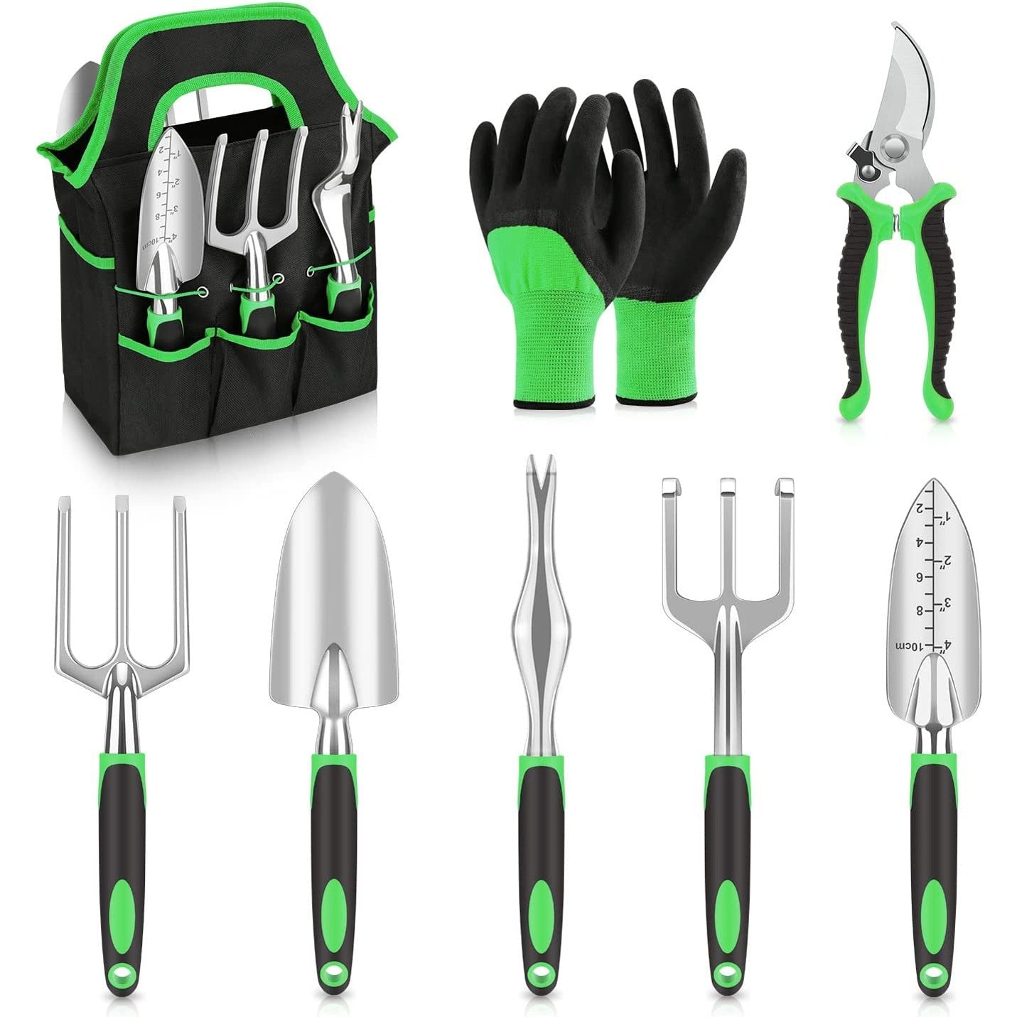 Green 8-Piece Heavy-Duty Gardening Tool Set with Ergonomic Handles and Storage Bag Main image