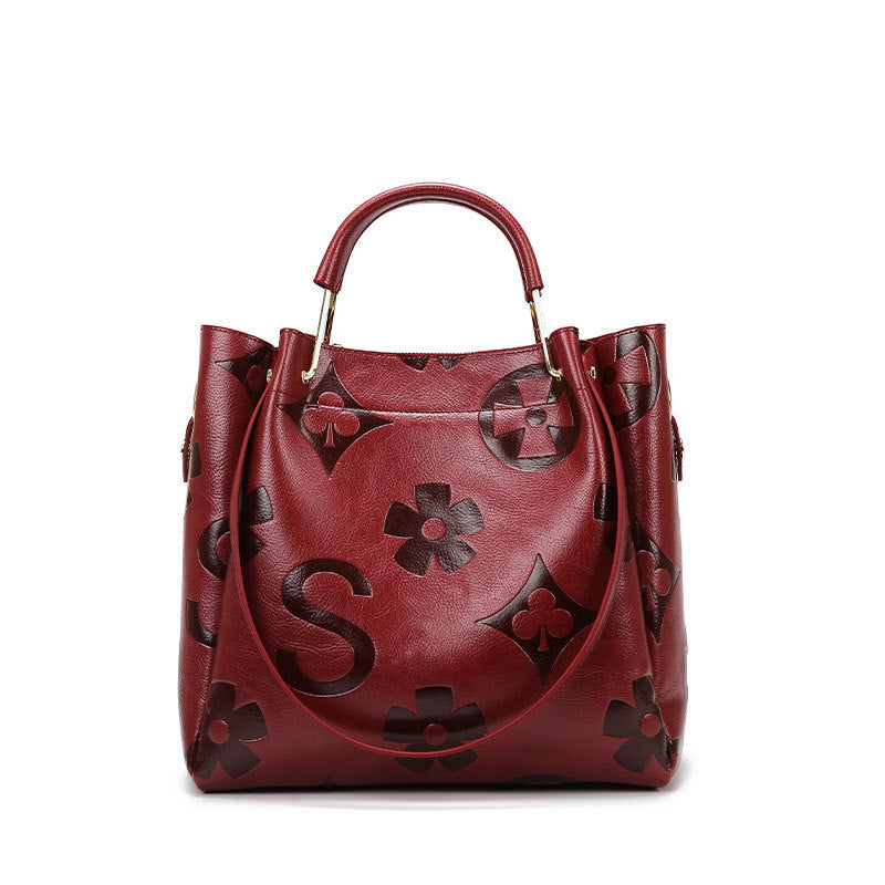 Dark Red Elegant Embossed PU Leather Tote Bag for Women - Large Capacity Handbag with Inner Pouch Main image
