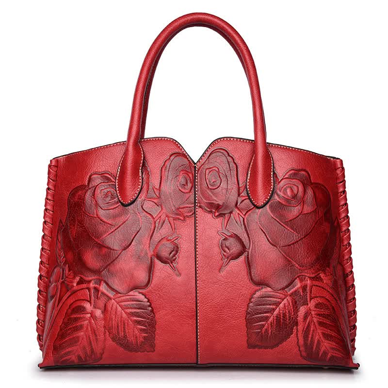 Red  Elegant Embossed Rose Leather Handbag - Vintage Style Tote Bag Main image