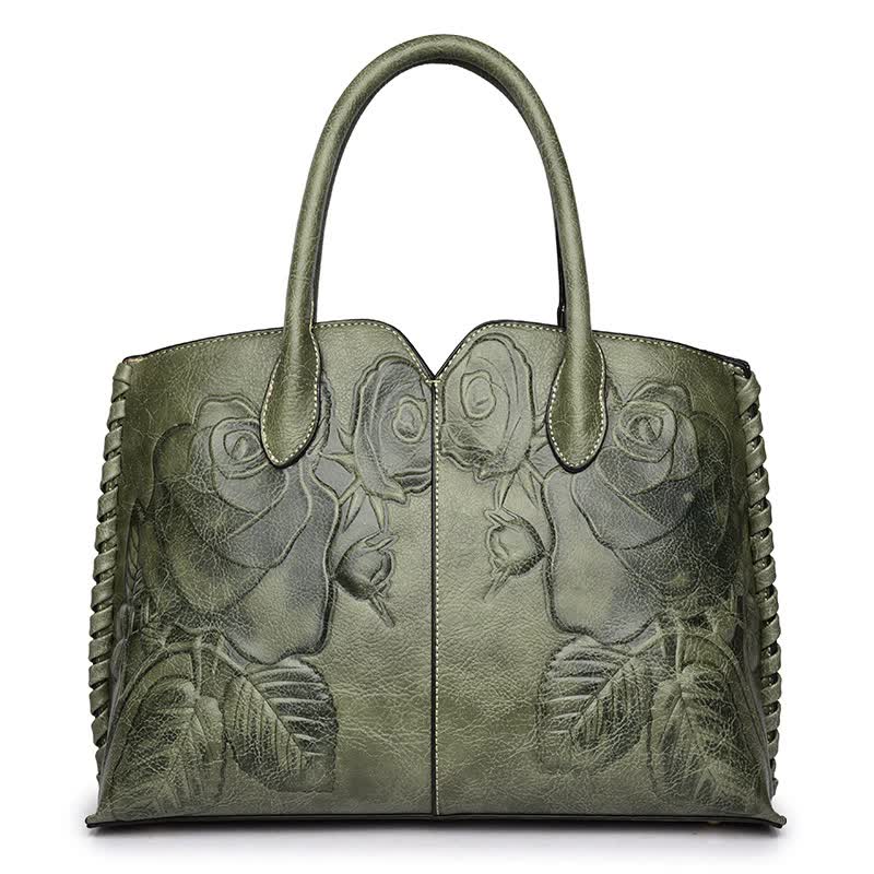 Green Elegant Embossed Rose Leather Handbag - Vintage Style Tote Bag Main image