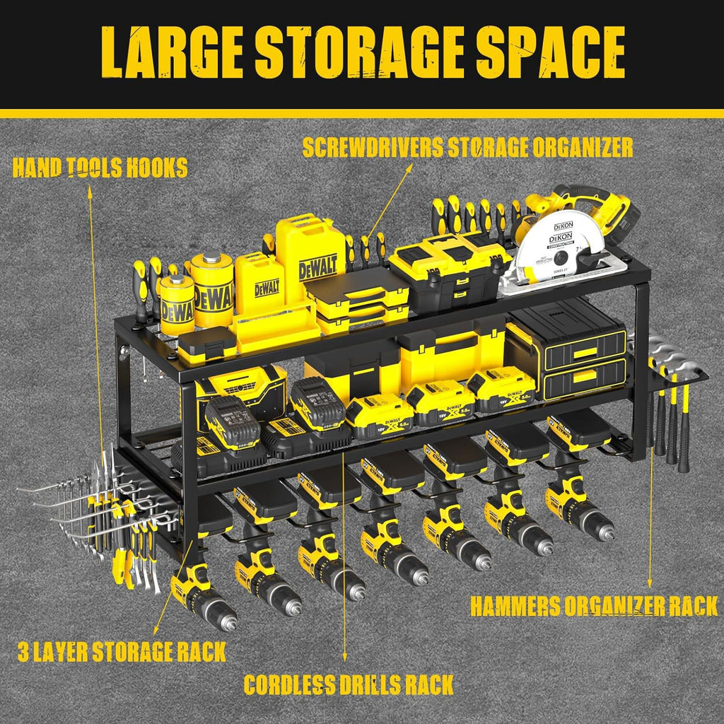 Heavy Duty Power Tool Organizer Wall Mount - 3-Tier Garage Storage Rack with Drill Holder, Screwdriver and Hammer Organizer - Extra Tall 200lbs Capacity High-Quality Steel Utility Shelf