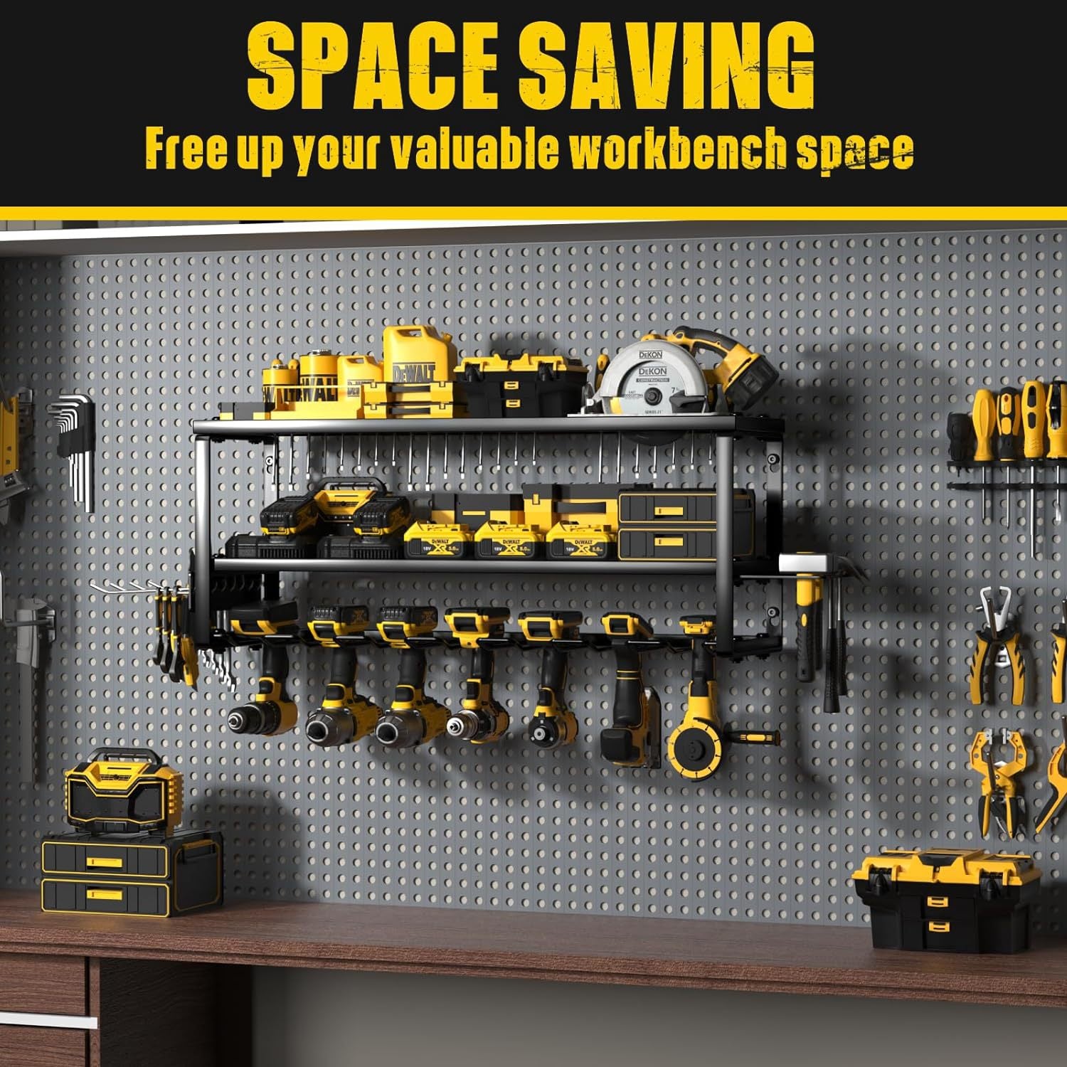 Heavy Duty Power Tool Organizer Wall Mount - 3-Tier Garage Storage Rack with Drill Holder, Screwdriver and Hammer Organizer - Extra Tall 200lbs Capacity High-Quality Steel Utility Shelf