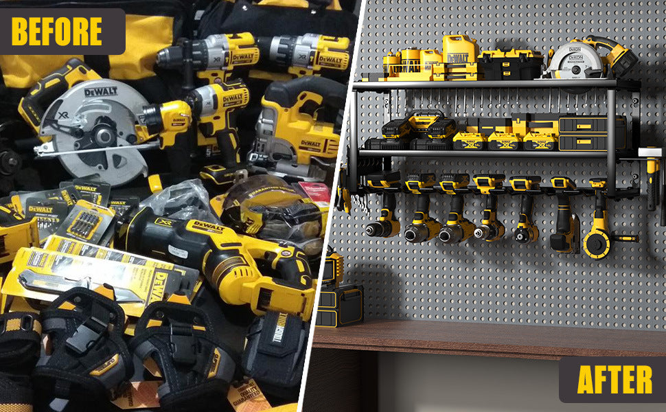 Heavy Duty Power Tool Organizer Wall Mount - 3-Tier Garage Storage Rack with Drill Holder, Screwdriver and Hammer Organizer - Extra Tall 200lbs Capacity High-Quality Steel Utility Shelf