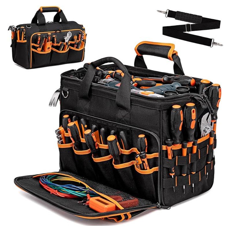 17 Inch Heavy Duty Tool Bag - 43cm Wide Open Mouth Organiser - Thickened Wear Resistant Oxford Cloth with Adjustable Padded Strap, Multi-Pocket Storage for Electricians Plumbers and Professional Trades