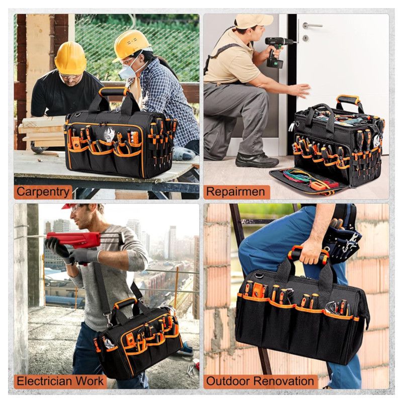 17 Inch Heavy Duty Tool Bag - 43cm Wide Open Mouth Organiser - Thickened Wear Resistant Oxford Cloth with Adjustable Padded Strap, Multi-Pocket Storage for Electricians Plumbers and Professional Trades