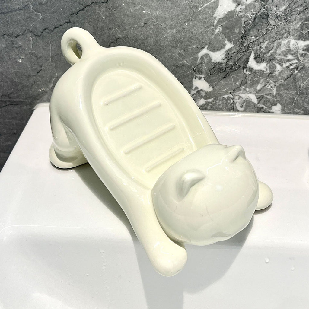 Cat-Shaped Ceramic Soap Dish - White