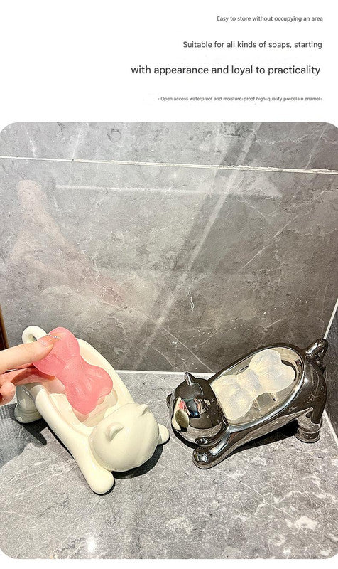 Cat-Shaped Ceramic Soap Dish - White