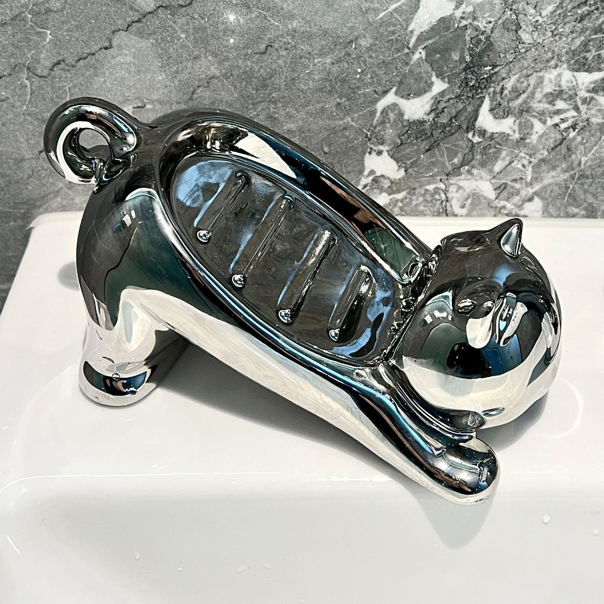 Cat-Shaped Ceramic Soap Dish - Silver Hauptbild