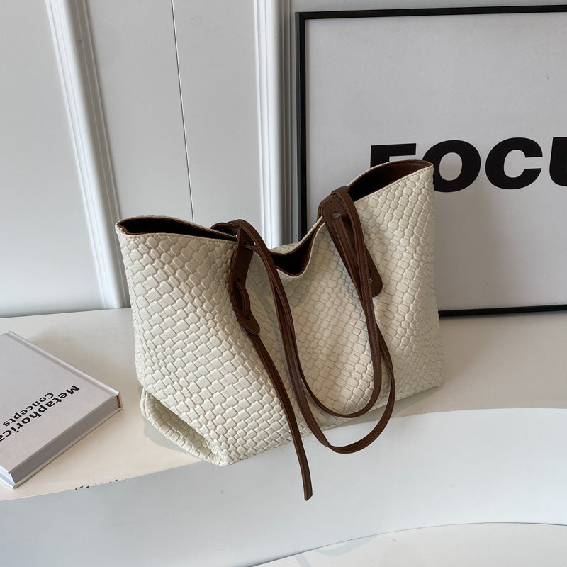 Beige and Brown Chic Woven PU Leather Tote Bag - Large Capacity Casual Shoulder & Handbag for Women Main image