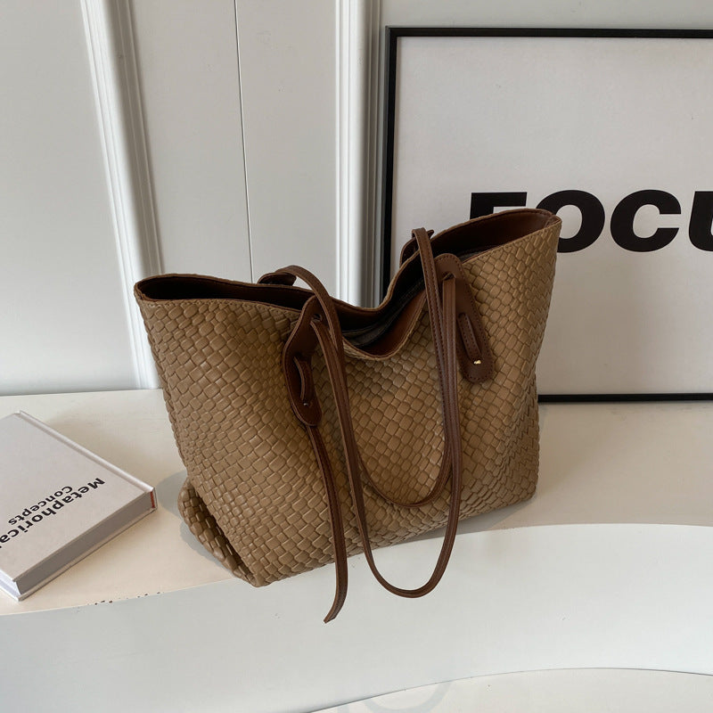 Khaki and Brown Chic Woven PU Leather Tote Bag - Large Capacity Casual Shoulder & Handbag for Women Main image