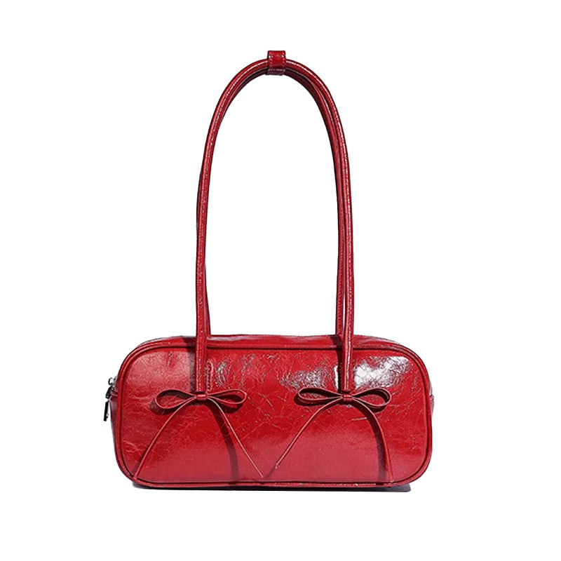 Red Chic PU Leather Baguette Shoulder Bag - Elegant Bow Accent Underarm Handbag for Women Main image
