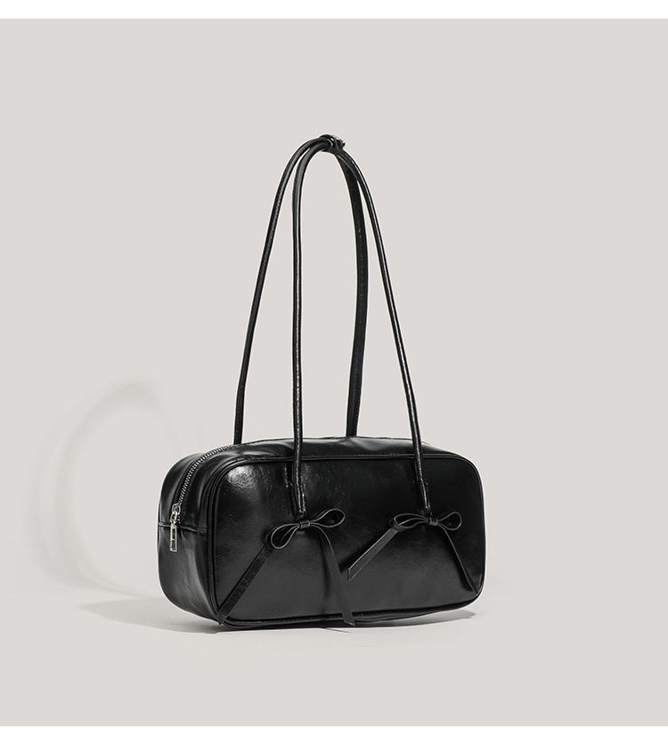Black Chic PU Leather Baguette Shoulder Bag - Elegant Bow Accent Underarm Handbag for Women Main image