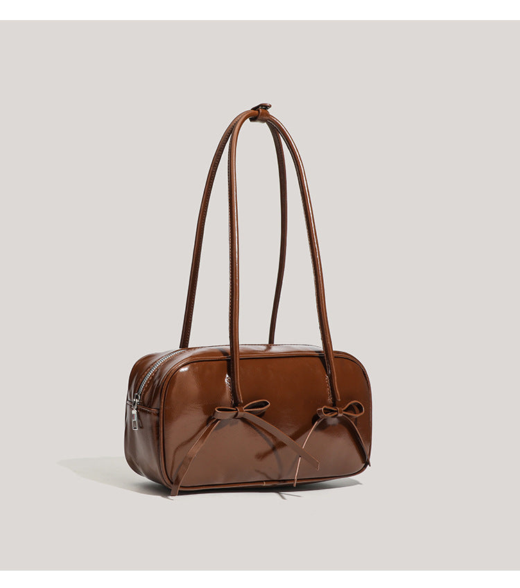 Coffee Chic PU Leather Baguette Shoulder Bag - Elegant Bow Accent Underarm Handbag for Women Main image