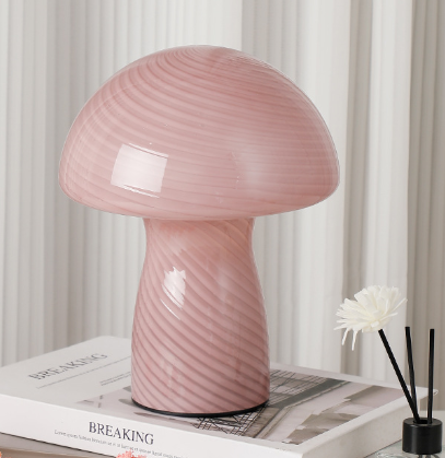 Stripe-Pure Leather Pink Retro Swirl Glass Mushroom Table Lamp - LED Bedside Night Light Main image
