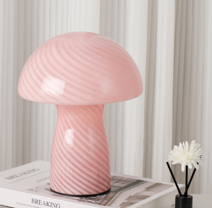 Stripe-Pure Pink Retro Swirl Glass Mushroom Table Lamp - LED Bedside Night Light Main image