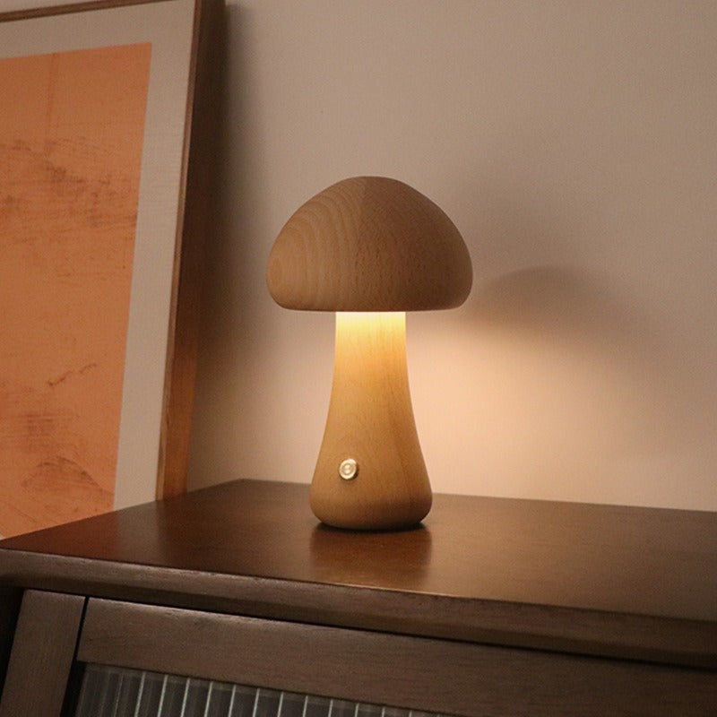 Brown Solid Wood Mushroom LED Table Lamp - Rechargeable Touch Control Bedside Night Light (Large) Main image