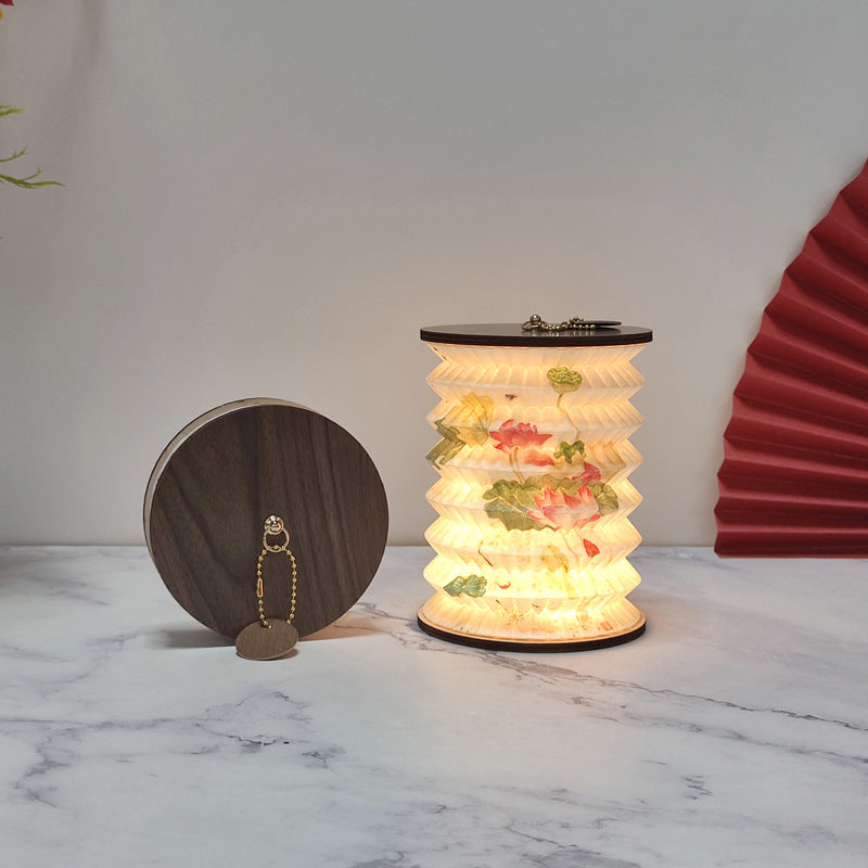 Foldable Telescopic Lantern Lamp - 3 Light Modes, USB Rechargeable, Wood/Paper Finish(Lotus Painting) Main image