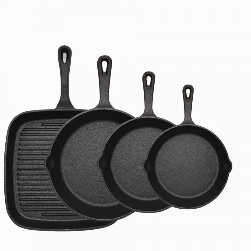 Four-piece set Heavy Duty Cast Iron Skillet & Grill Pan Thickened Vintage Style Cookware for Steak Breakfast & Camping Hauptbild