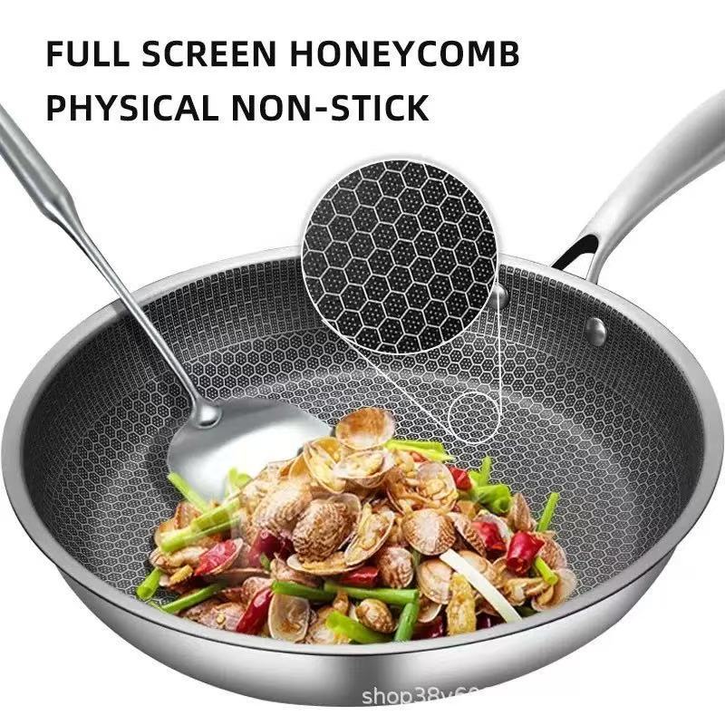 Stainless Steel Non-Stick Frying Pan 28CM Honeycomb Wok Skillet with Lid Induction Compatible Cookware Silver Secondary image