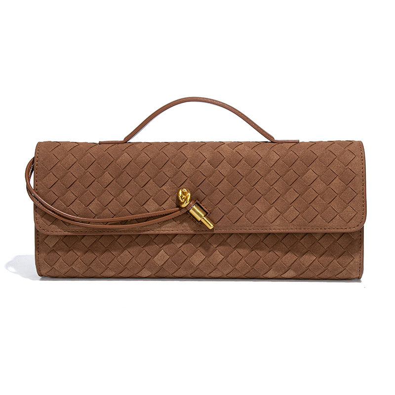 Retro Woven Baguette Handbag for Women Suede Texture PU Leather Shoulder Crossbody Bag Elegant Evening Clutch Brown Main image