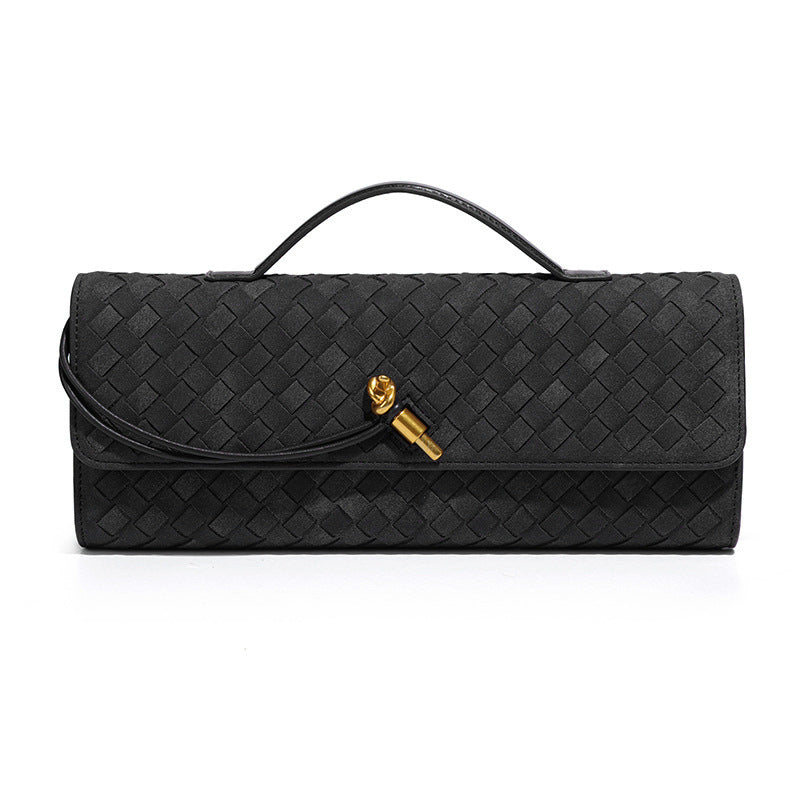 Retro Woven Baguette Handbag for Women Suede Texture PU Leather Shoulder Crossbody Bag Elegant Evening Clutch Black Main image