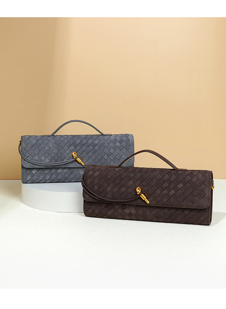 Retro Woven Baguette Handbag for Women Suede Texture PU Leather Shoulder Crossbody Bag Elegant Evening Clutch Black