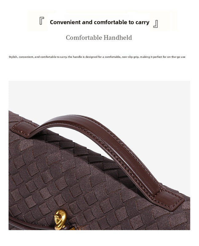 Retro Woven Baguette Handbag for Women Suede Texture PU Leather Shoulder Crossbody Bag Elegant Evening Clutch Black