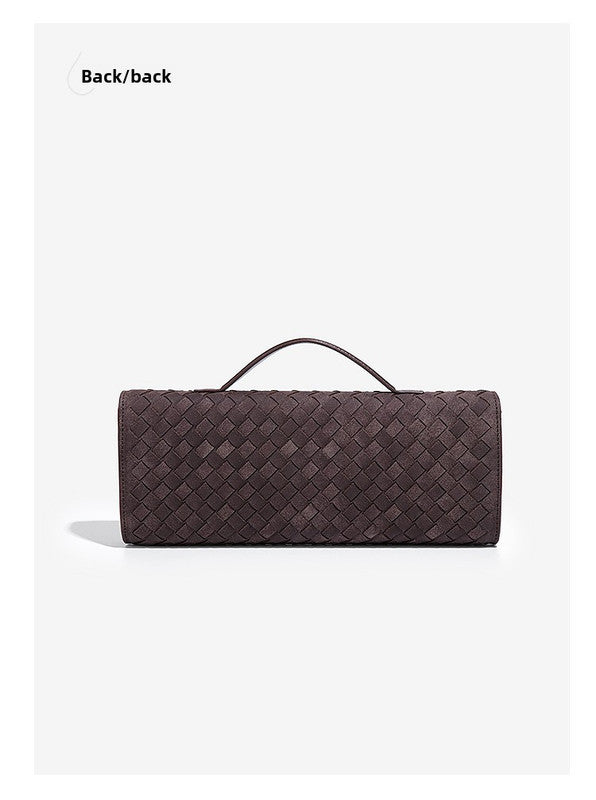 Retro Woven Baguette Handbag for Women Suede Texture PU Leather Shoulder Crossbody Bag Elegant Evening Clutch Black