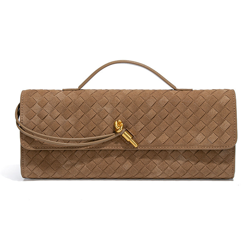 Retro Woven Baguette Handbag for Women Suede Texture PU Leather Shoulder Crossbody Bag Elegant Evening Clutch Khaki Main image