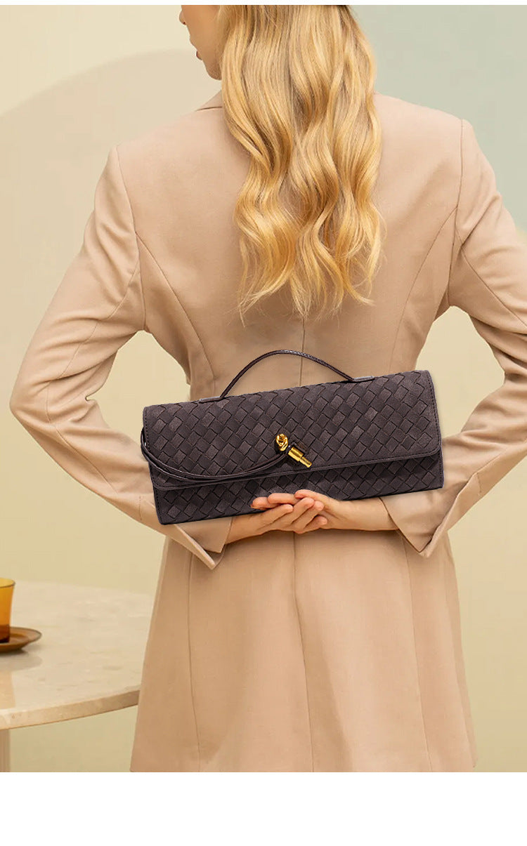 Retro Woven Baguette Handbag for Women Suede Texture PU Leather Shoulder Crossbody Bag Elegant Evening Clutch Khaki